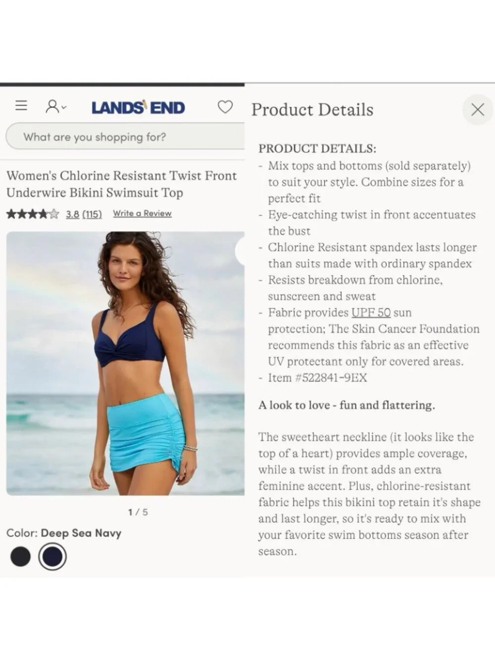 Lands End Bikini Swim Top Size 6 DDD Twist Front Deep Sea Navy Underwire Support - Picture 8 of 9